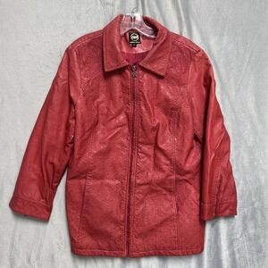 Ameri Mode Jacket Womens Large‎ Red Faux Leather Embroidered Paisley Zip 5646
